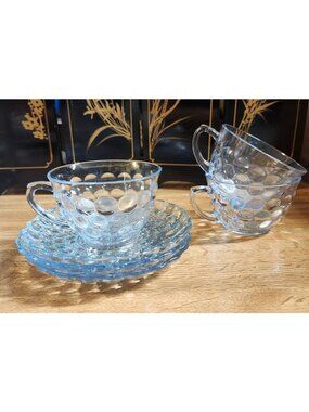 Bubble Blue Tint Vintage Anchor Hocking Glass Teacups & Saucers 3 Sets